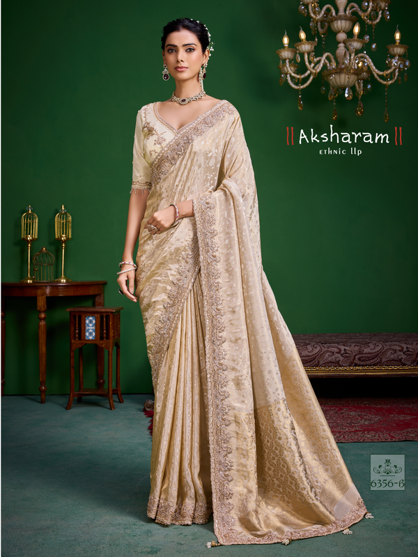 Cream Banarasi Tissue Silk Saree