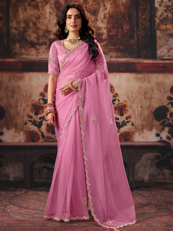 Rose Pink Embroidered Designer Organza Silk Saree