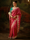 Coral Pink Embroidered Designer Tissue Silk Saree With Contrast Blouse