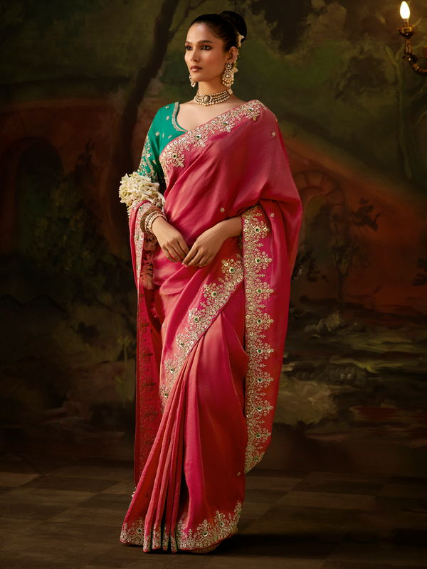 Coral Pink Embroidered Designer Tissue Silk Saree With Contrast Blouse