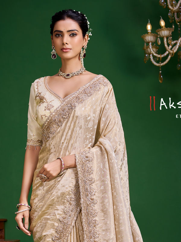 Cream Banarasi Tissue Silk Saree