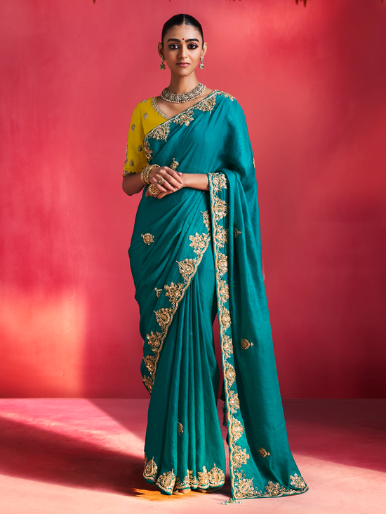 Teal Green Embroidered Designer Satin Silk Saree With Contrast Blouse