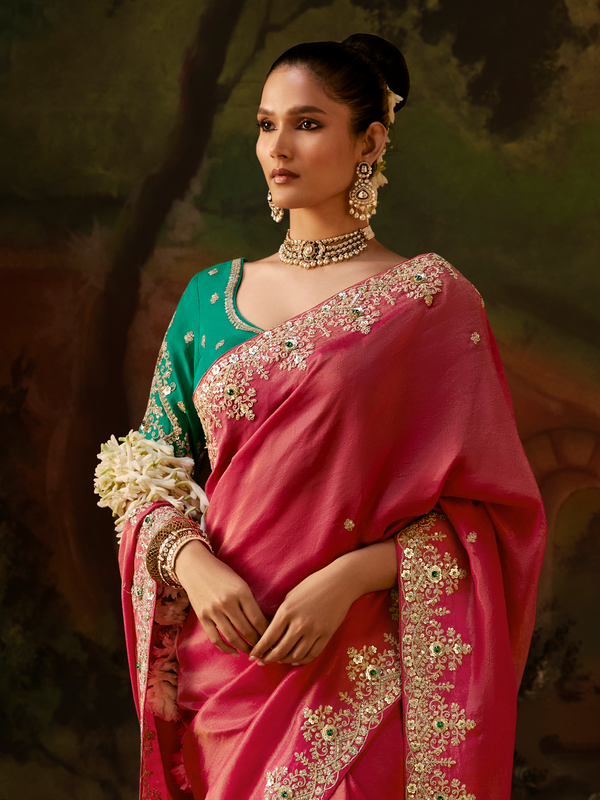 Coral Pink Embroidered Designer Tissue Silk Saree With Contrast Blouse