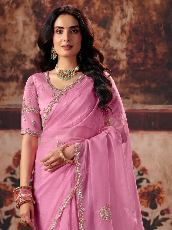 Rose Pink Embroidered Designer Organza Silk Saree