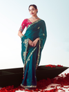 Deep Teal Embroidered Designer Satin Silk Saree With Contrast Blouse