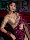Wine Purple Banarasi Satin Silk Saree With Contrast Blouse