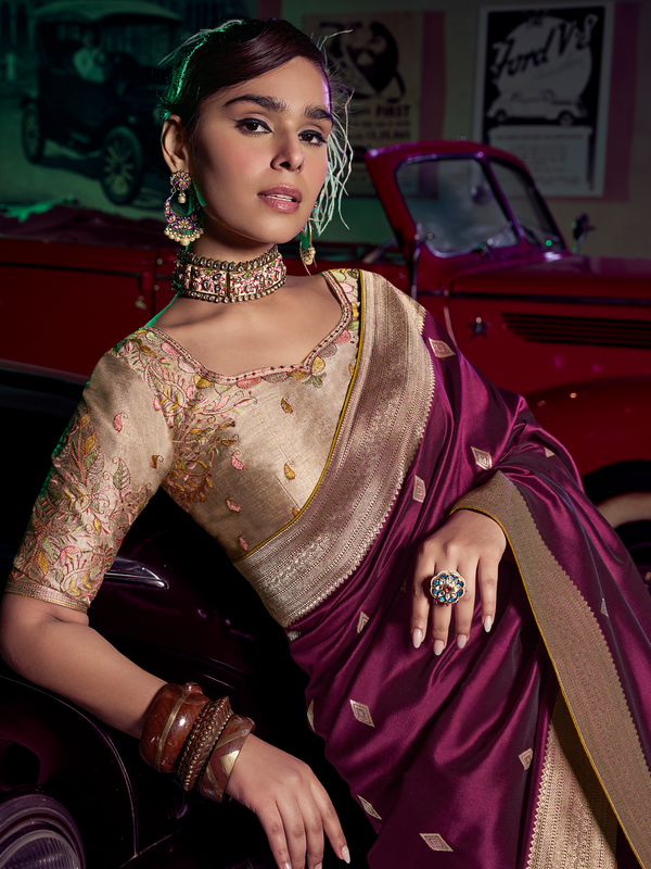 Wine Purple Banarasi Satin Silk Saree With Contrast Blouse