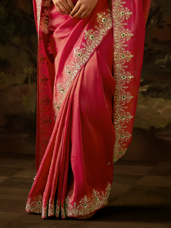 Coral Pink Embroidered Designer Tissue Silk Saree With Contrast Blouse