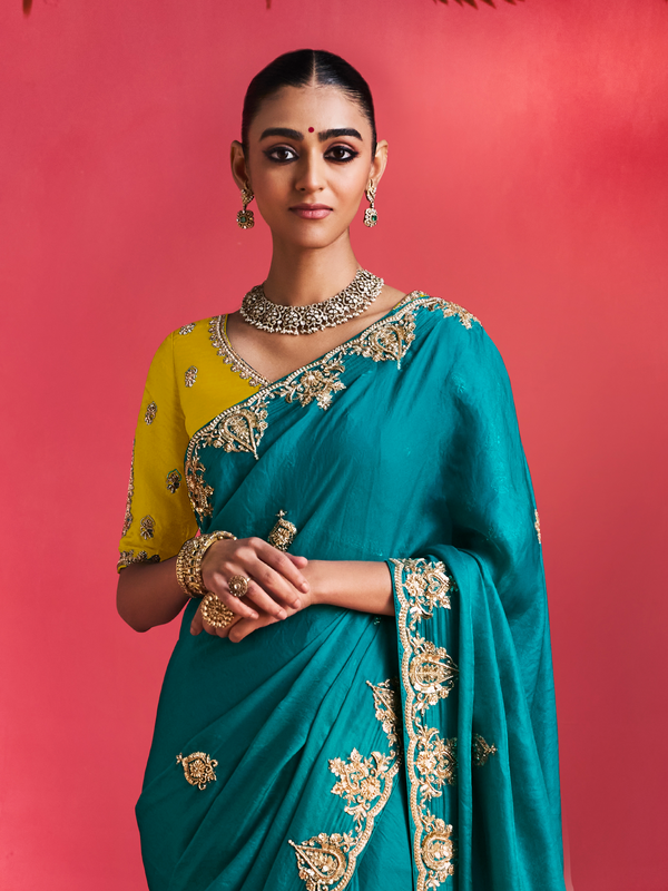 Teal Green Embroidered Designer Satin Silk Saree With Contrast Blouse