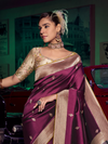 Wine Purple Banarasi Satin Silk Saree With Contrast Blouse