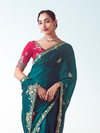 Deep Teal Embroidered Designer Satin Silk Saree With Contrast Blouse