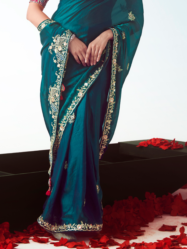 Deep Teal Embroidered Designer Satin Silk Saree With Contrast Blouse