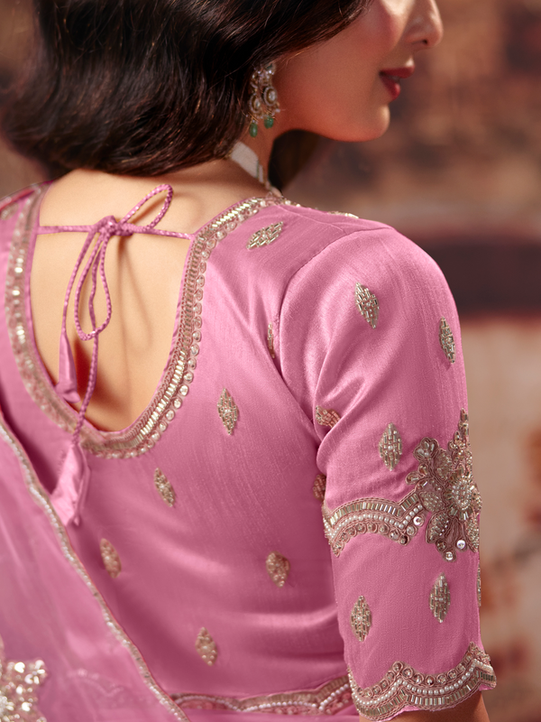 Rose Pink Embroidered Designer Organza Silk Saree