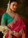 Coral Pink Embroidered Designer Tissue Silk Saree With Contrast Blouse