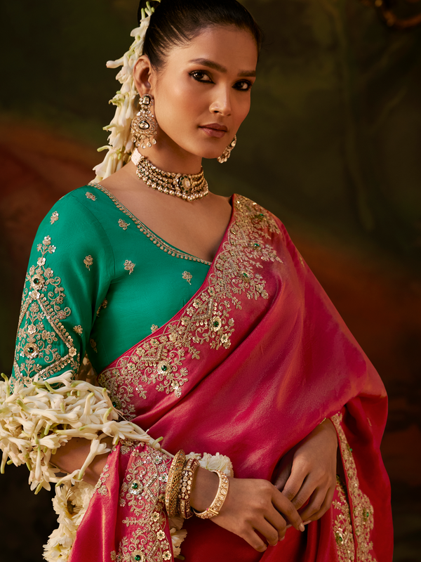 Coral Pink Embroidered Designer Tissue Silk Saree With Contrast Blouse