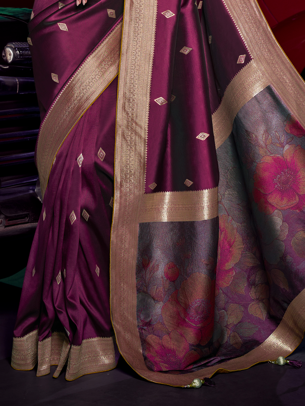 Wine Purple Banarasi Satin Silk Saree With Contrast Blouse
