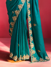 Teal Green Embroidered Designer Satin Silk Saree With Contrast Blouse