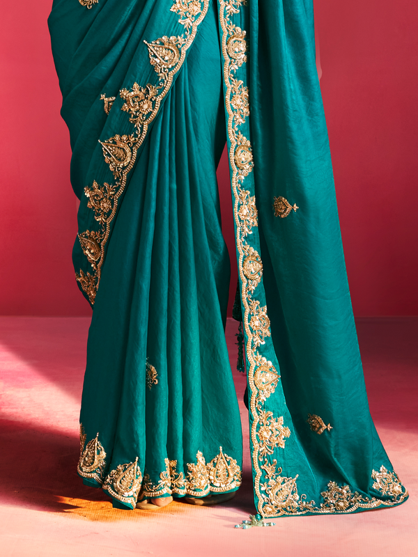 Teal Green Embroidered Designer Satin Silk Saree With Contrast Blouse
