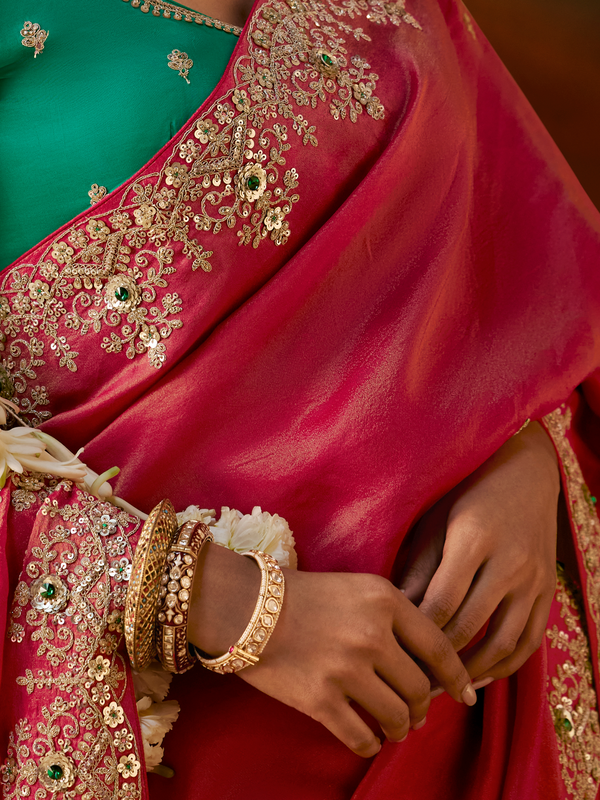 Coral Pink Embroidered Designer Tissue Silk Saree With Contrast Blouse