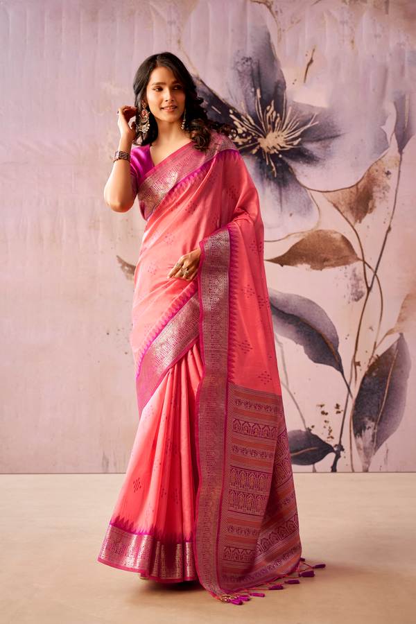 Rose Pink Banarasi Cotton Silk Saree