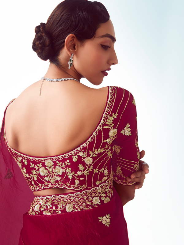 Crimson Red Embroidered Designer Satin Silk Saree