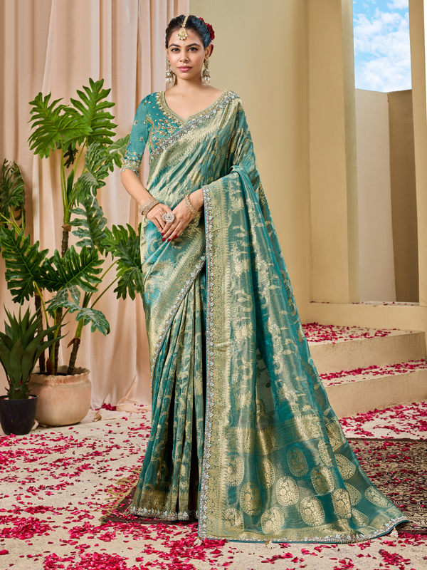 Teal Green Banarasi Tissue Silk Saree