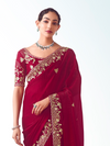 Crimson Red Embroidered Designer Satin Silk Saree