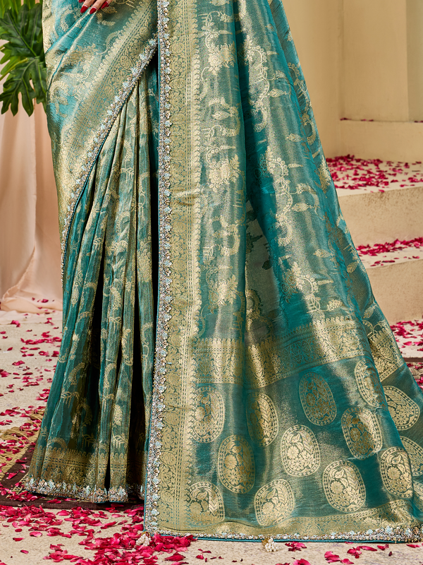 Teal Green Banarasi Tissue Silk Saree