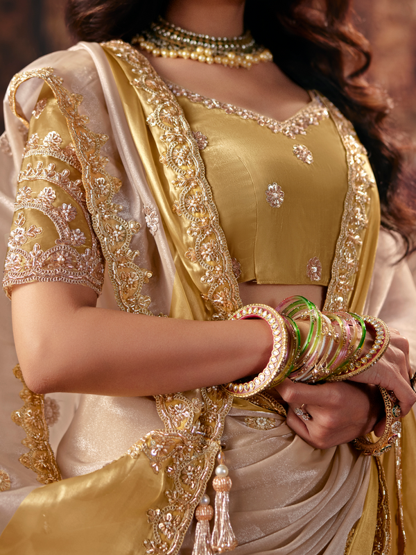 Cream Gold Embroidered Designer Tissue Silk Saree