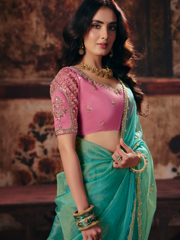 Sea Green Embroidered Designer Tissue Silk Saree With Contrast Blouse