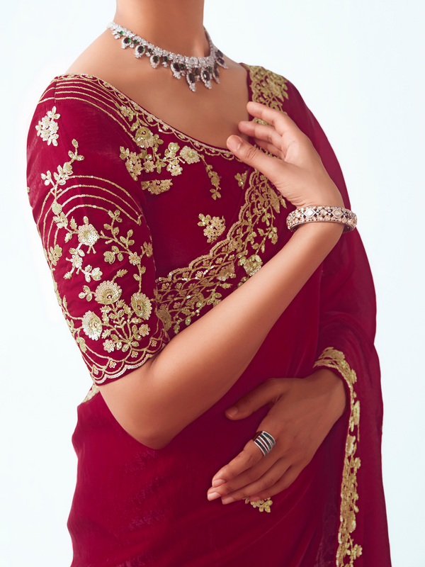 Crimson Red Embroidered Designer Satin Silk Saree