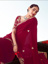 Crimson Red Embroidered Designer Satin Silk Saree