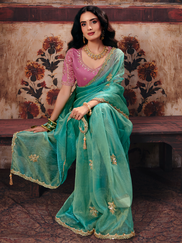 Sea Green Embroidered Designer Tissue Silk Saree With Contrast Blouse