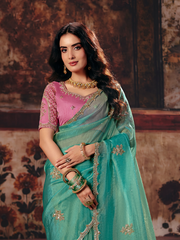 Sea Green Embroidered Designer Tissue Silk Saree With Contrast Blouse
