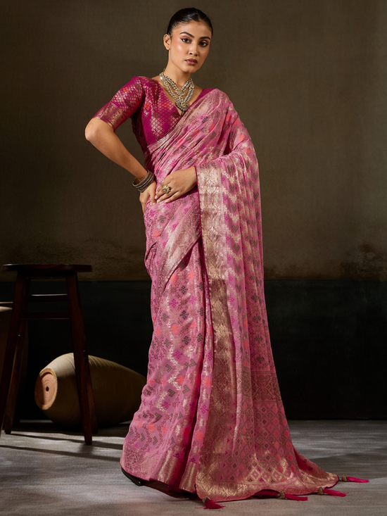 Rose Pink Banarasi Georgette Saree With Contrast Blouse
