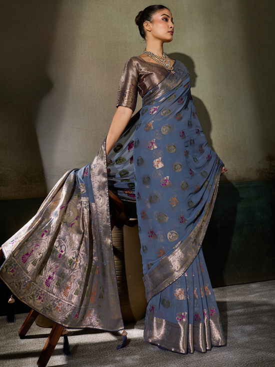 Steel Blue Banarasi Georgette Saree With Contrast Blouse