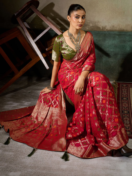Crimson Red Banarasi Georgette Saree With Contrast Blouse
