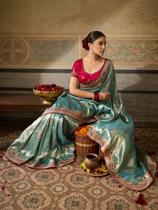 Aqua Blue Banarasi Satin Silk Saree With Contrast Blouse