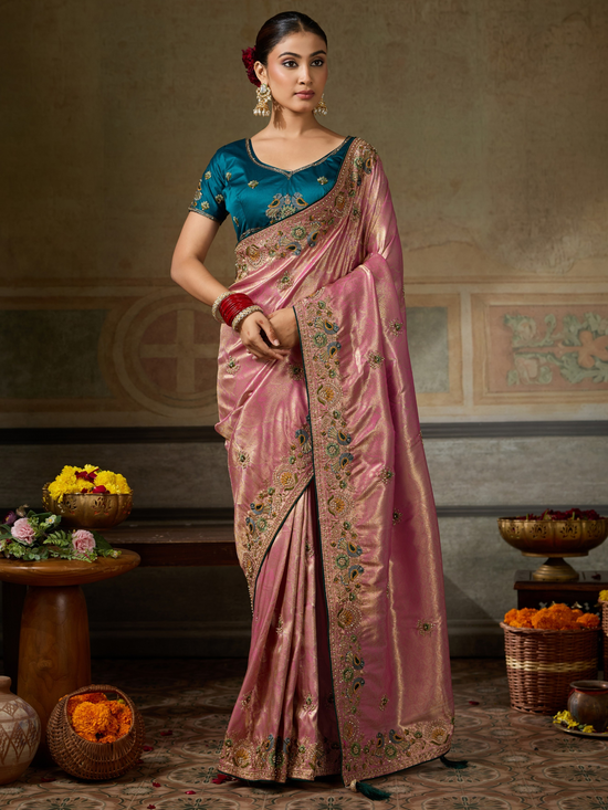 Rose Pink Banarasi Satin Silk Saree With Contrast Blouse