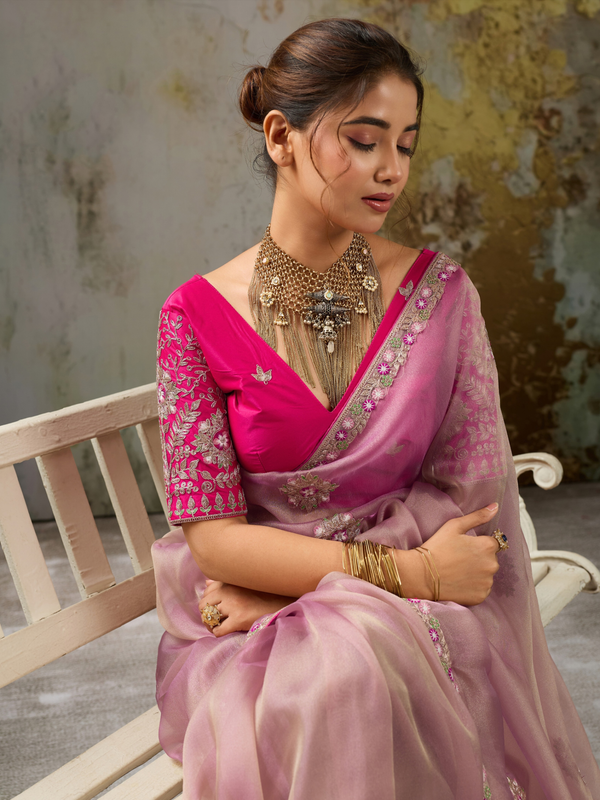 Mauve Pink Embroidered Designer Organza Silk Saree