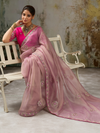 Mauve Pink Embroidered Designer Organza Silk Saree