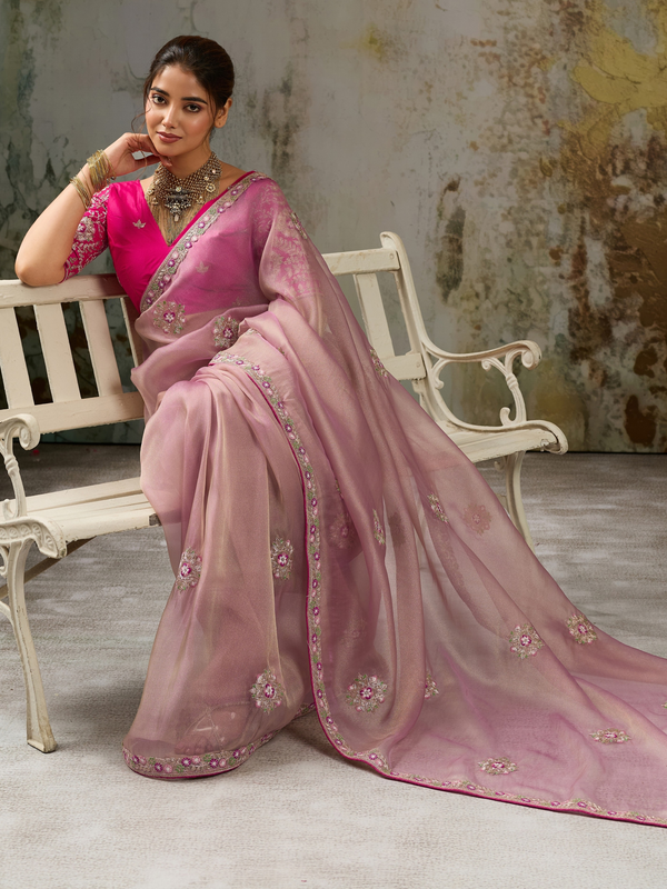 Mauve Pink Embroidered Designer Organza Silk Saree