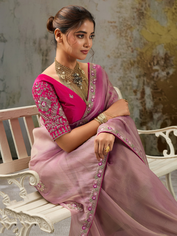 Mauve Pink Embroidered Designer Organza Silk Saree
