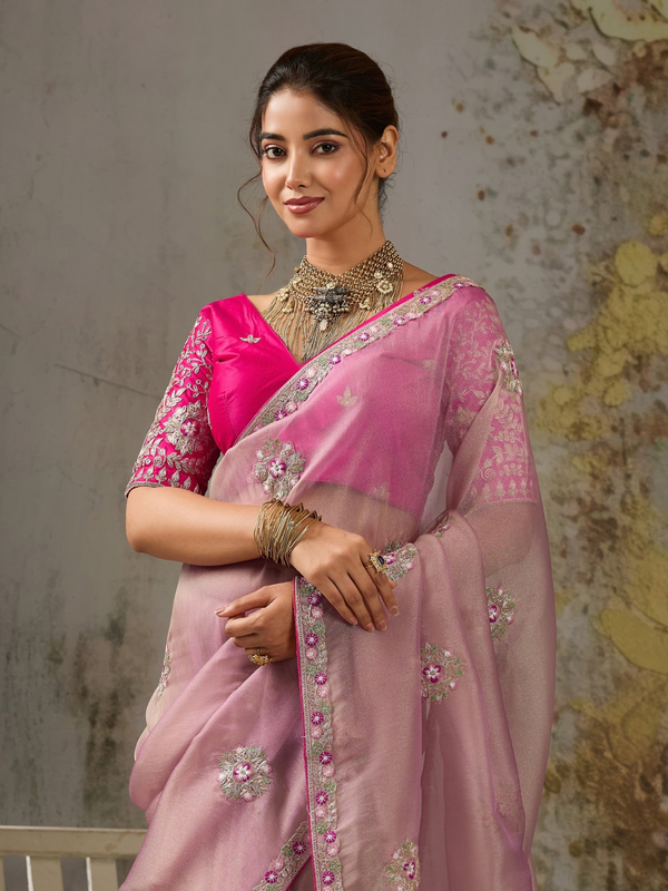 Mauve Pink Embroidered Designer Organza Silk Saree
