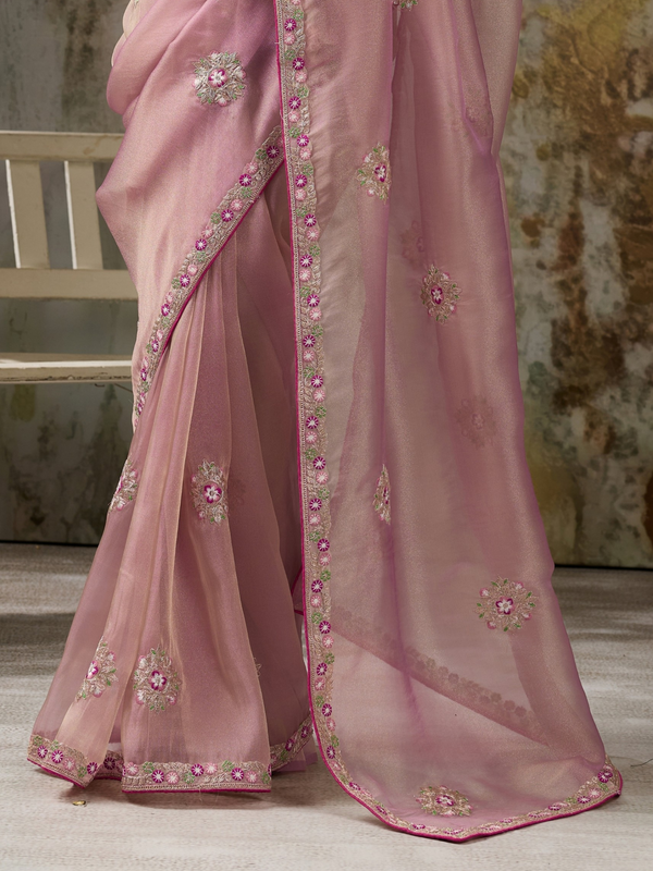 Mauve Pink Embroidered Designer Organza Silk Saree