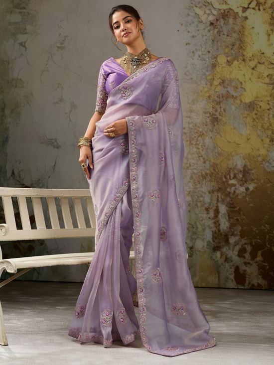Lavender Embroidered Designer Organza Silk Saree