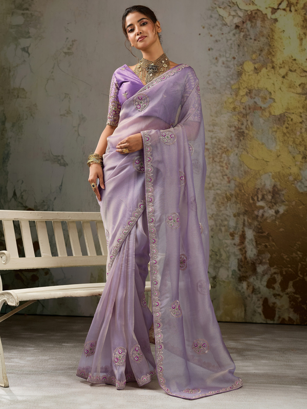Lavender Embroidered Designer Organza Silk Saree