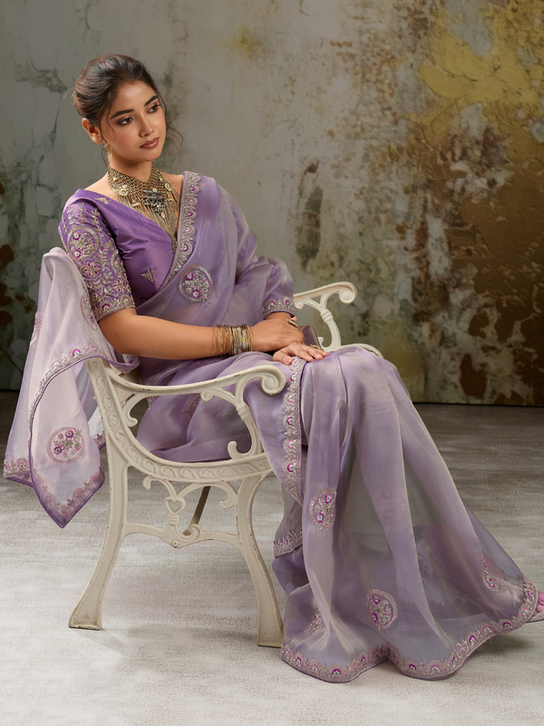 Lavender Embroidered Designer Organza Silk Saree