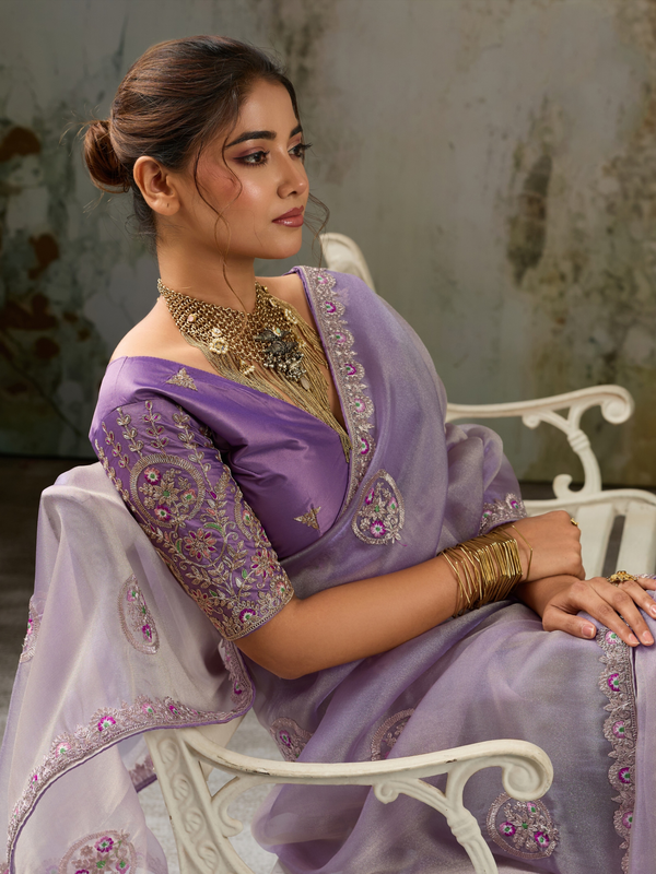 Lavender Embroidered Designer Organza Silk Saree