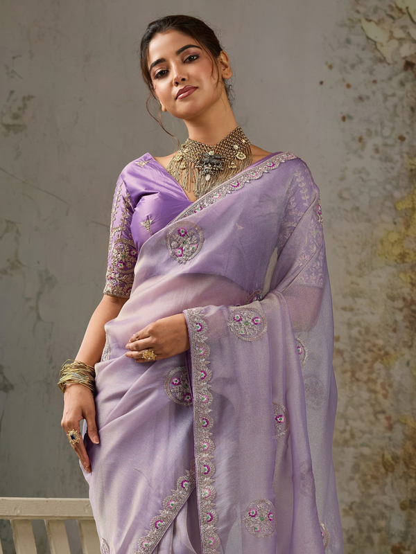 Lavender Embroidered Designer Organza Silk Saree